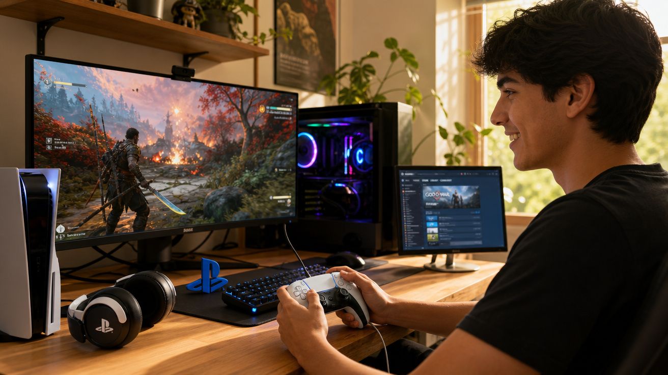 Jovem jogando videogame com controle PlayStation em mesa com PC gamer, monitor grande e acessórios PlayStation.