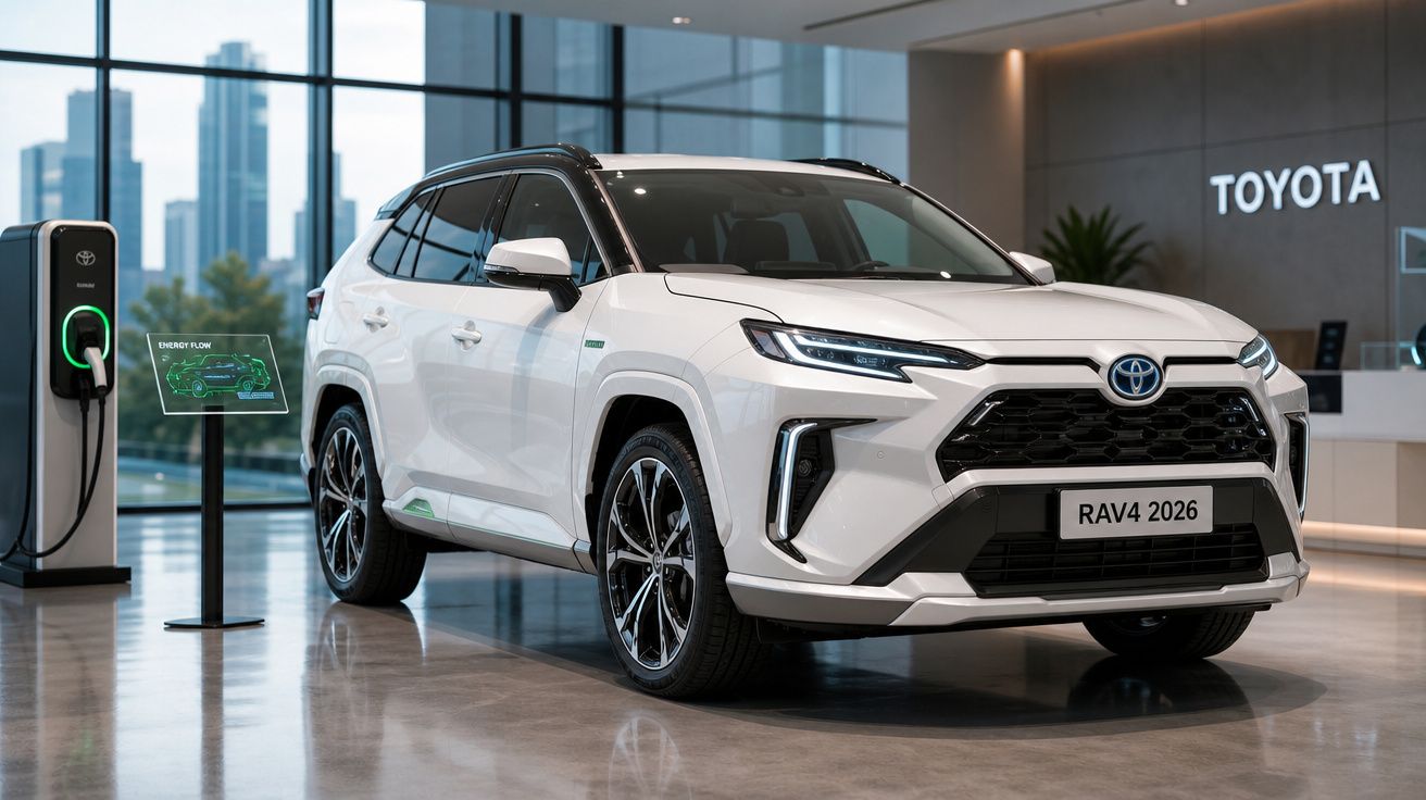 Carro branco Toyota RAV4 2026 elétrico em showroom moderno com estação de recarga e painel informativo.