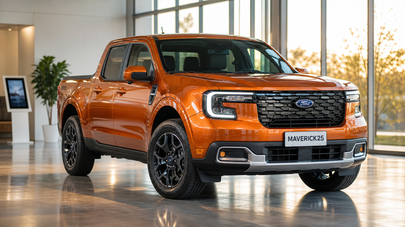 Picape Ford Maverick Laranja exibida em showroom moderno com janelas amplas.