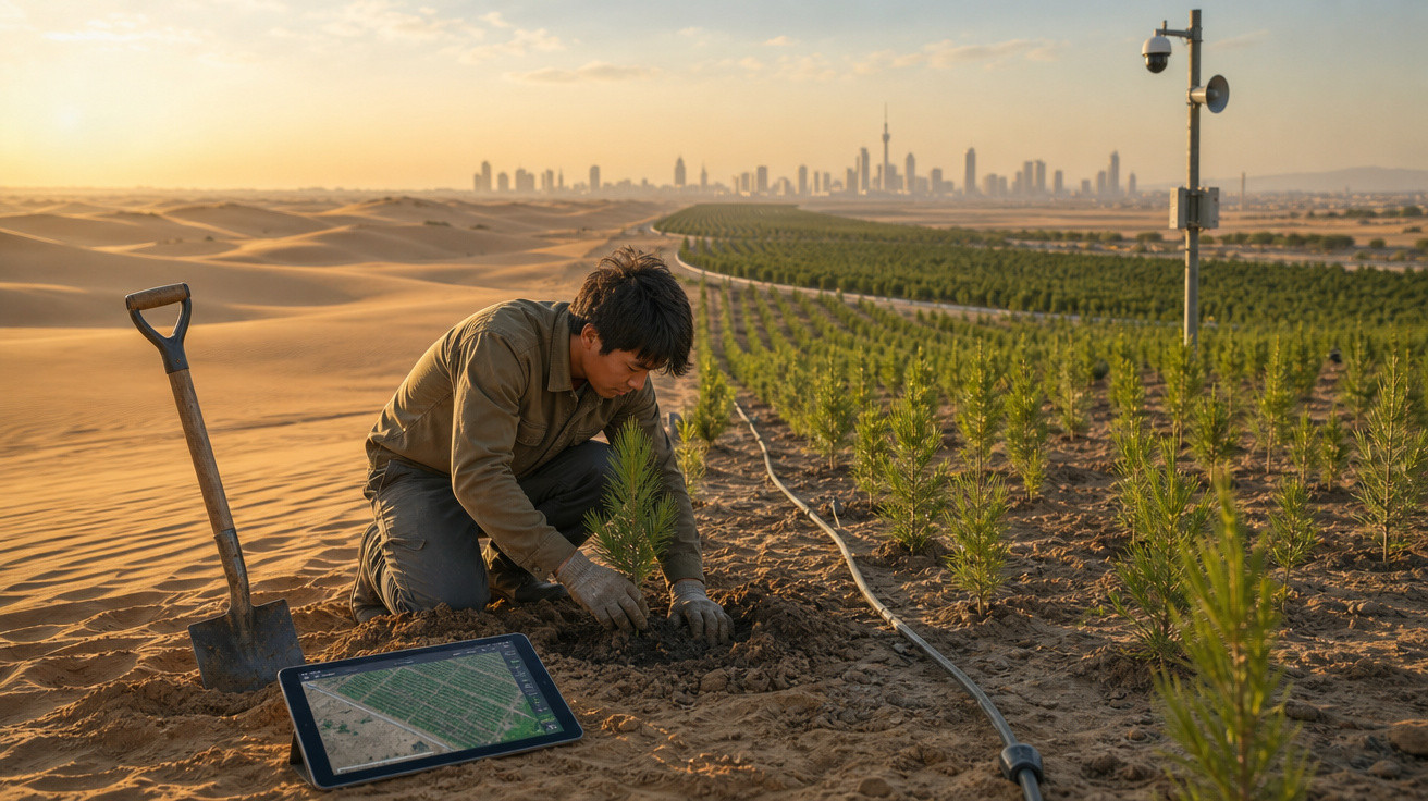 Homem plantando mudas em área de reflorestamento no deserto com cidade ao fundo durante o pôr do sol.