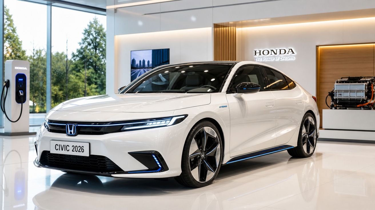 Carro branco Honda Civic 2026 em exposição moderna com parede de vidro e carregador elétrico.