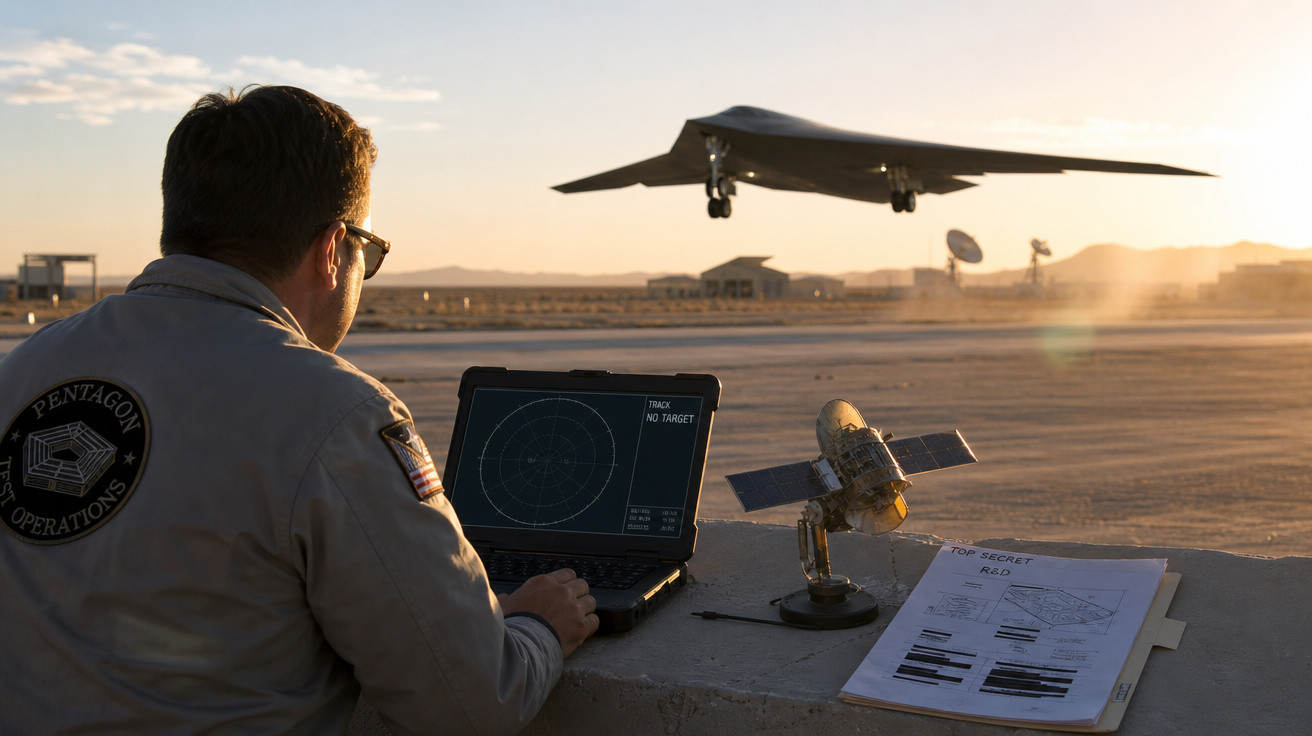 Homem do Pentágono opera laptop próximo a drone militar voando baixo em base aérea desértica ao entardecer.