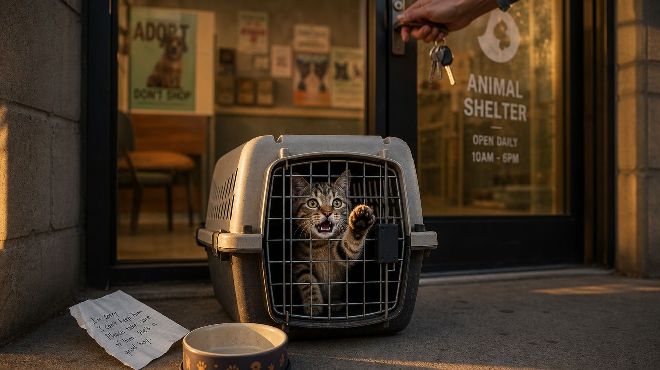Gato dentro de transportadora diante de abrigo de animais com chave e bilhete no chão.
