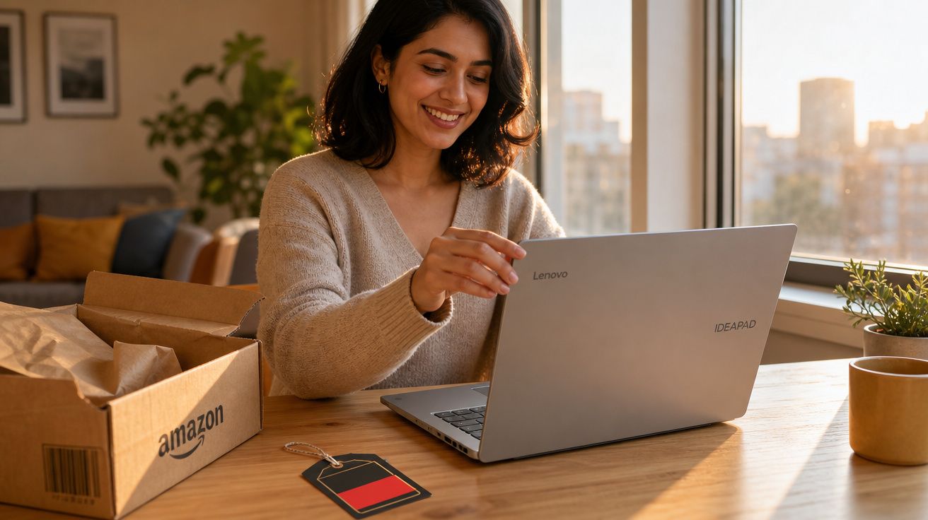 Mulher sorrindo mexendo em notebook Lenovo à mesa com caixa da Amazon e xícara, ao lado de janela.