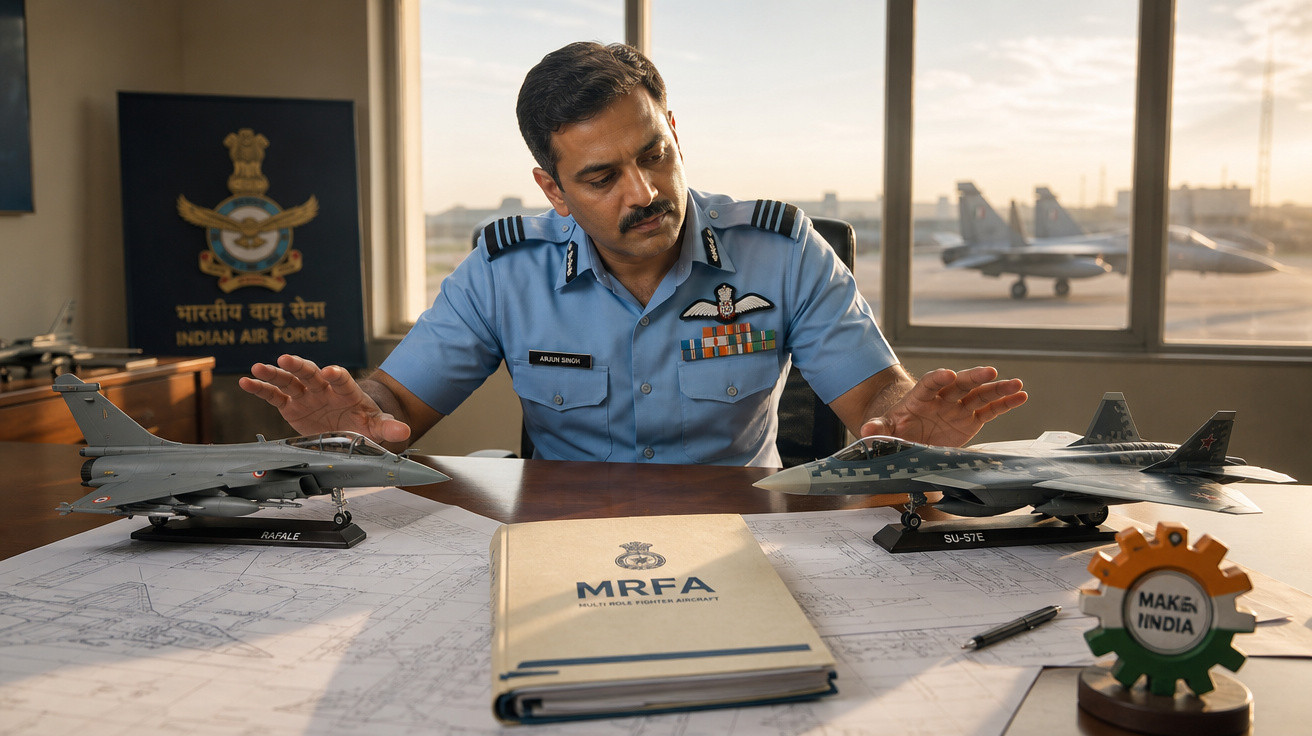 Homem em uniforme da Força Aérea Indiana analisa miniaturas de aviões de combate sobre uma mesa com documentos e mapa.