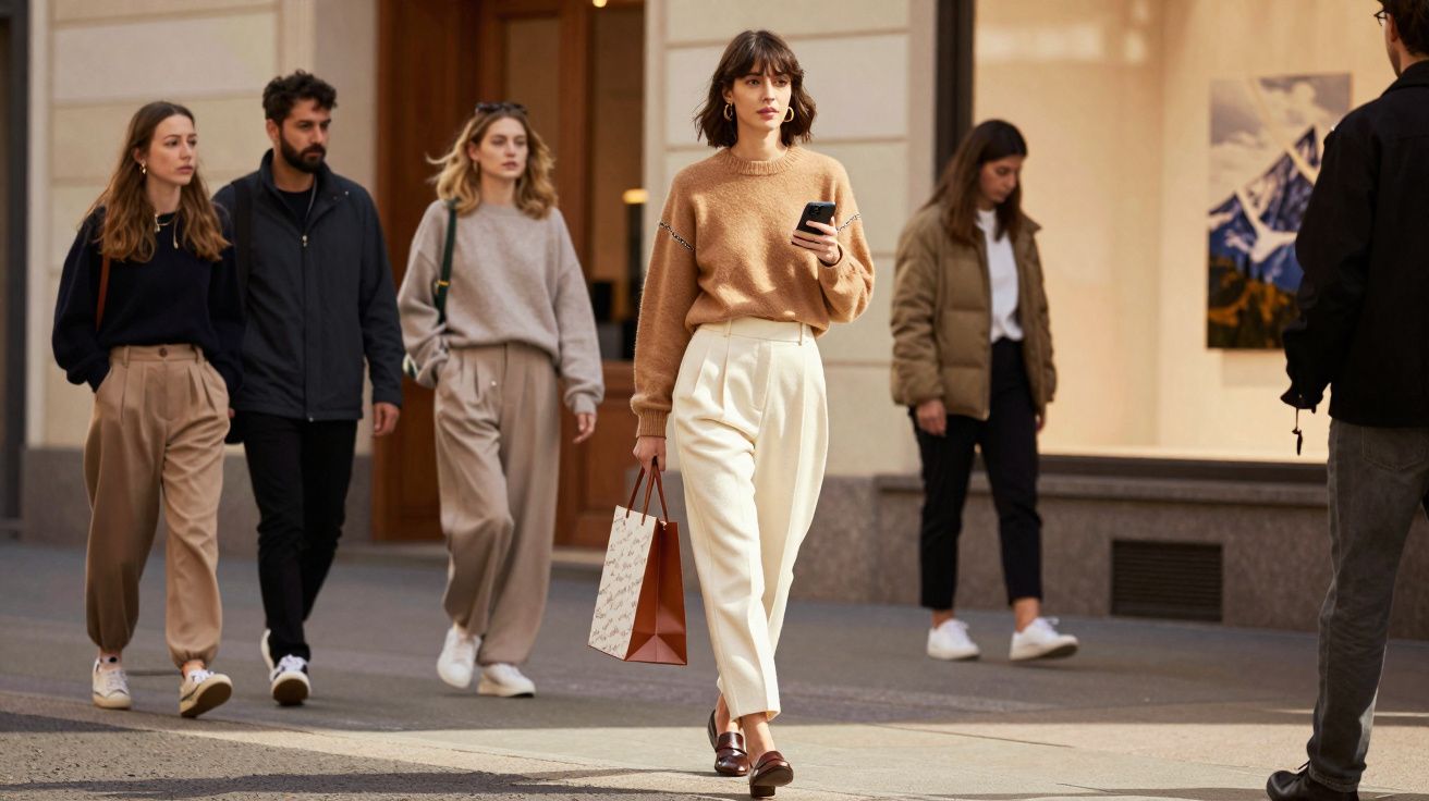 Mulher com suéter marrom e calça clara caminhando na rua com cinco pessoas ao fundo.