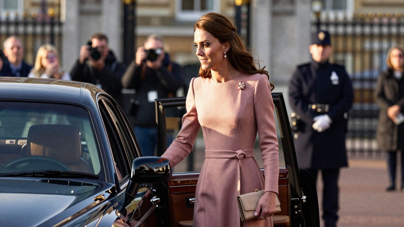 Mulher elegante de vestido rosa saindo de carro preto com fotógrafos e segurança ao fundo.
