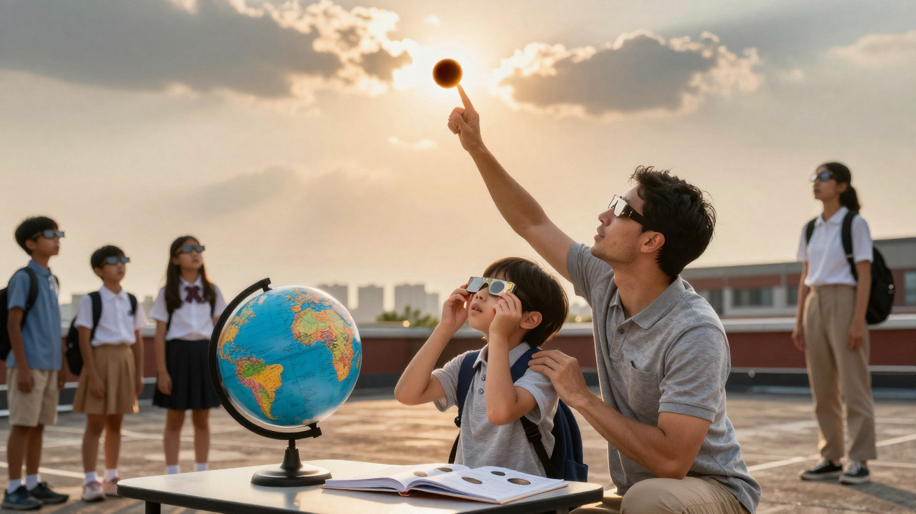 Professor e alunos usando óculos especiais para observar eclipse solar no telhado da escola ao pôr do sol.