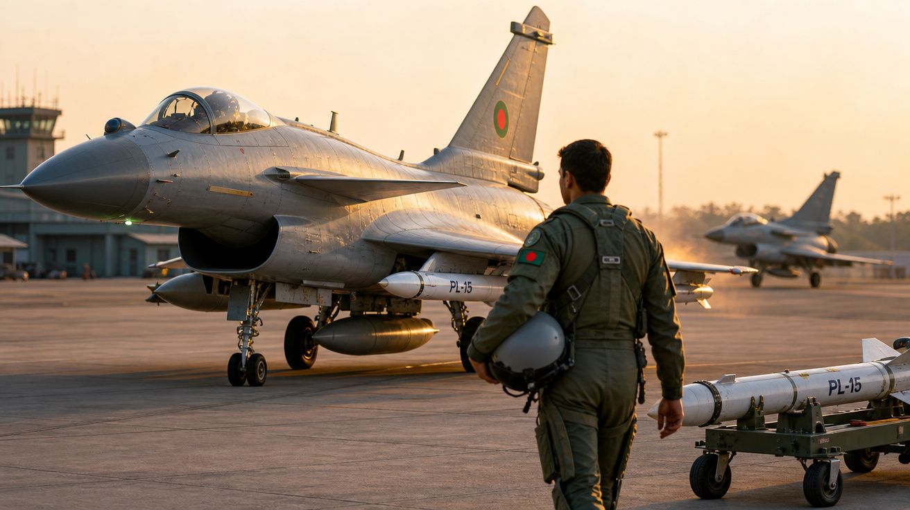 Caça militar estacionado no aeródromo com piloto caminhando ao lado ao pôr do sol.