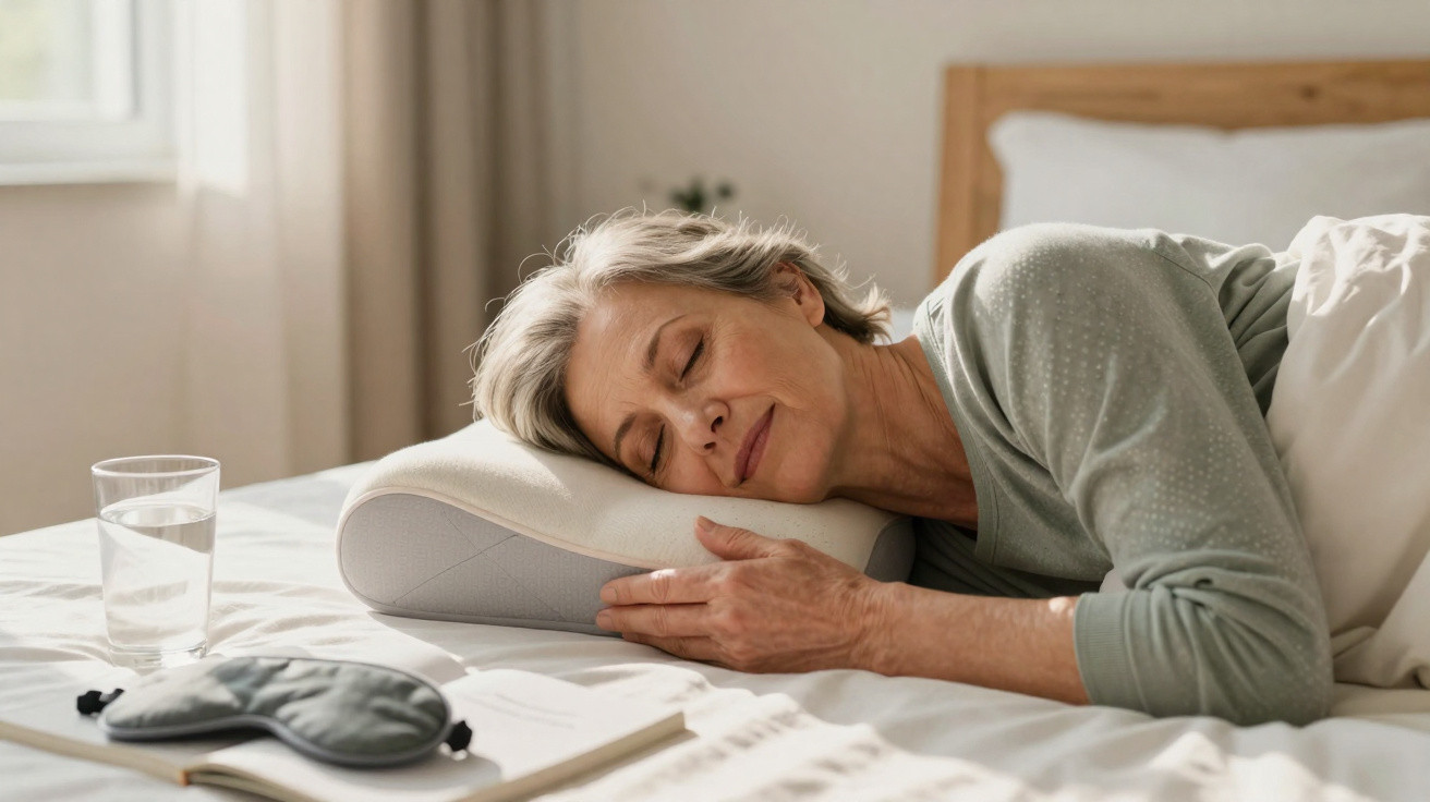 Mulher madura deitada na cama, descansando com travesseiro ortopédico, próximo a copo de água e máscara de dormir.