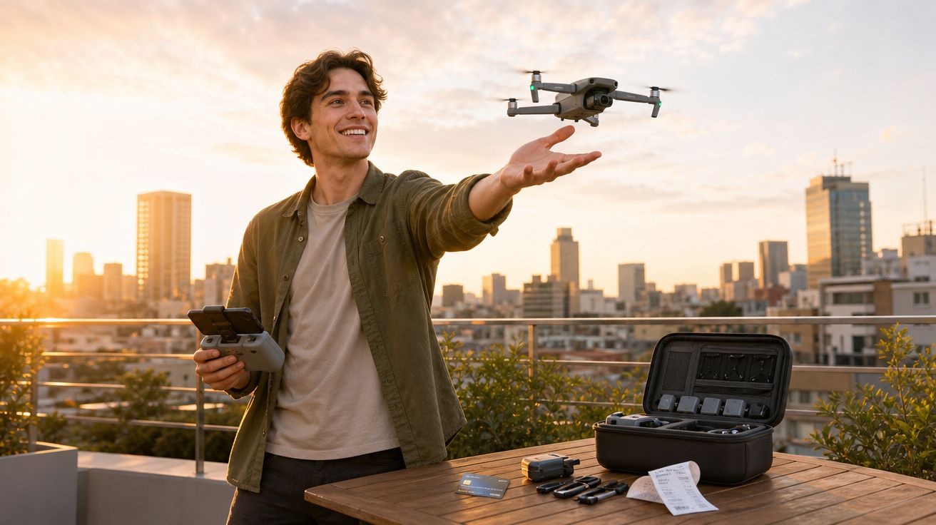 Jovem lançando drone com controle na mão em terraço ao pôr do sol, com cidade ao fundo.