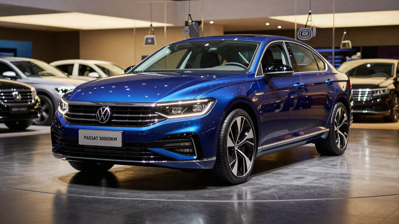 Carro Volkswagen Passat azul em exposição, com iluminação refletida no piso brilhante.