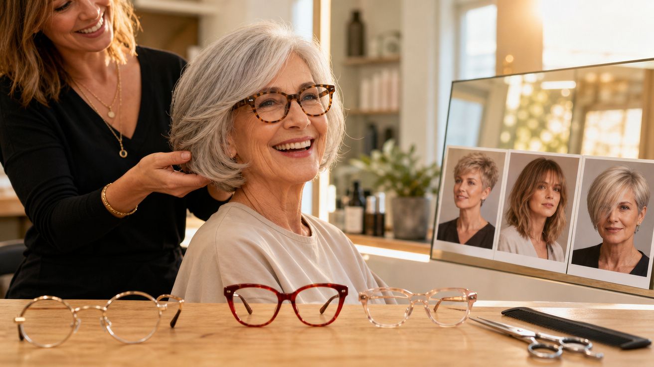 Mulher sorrindo com cabelo grisalho em salão de beleza enquanto cabeleireira arruma seu cabelo.