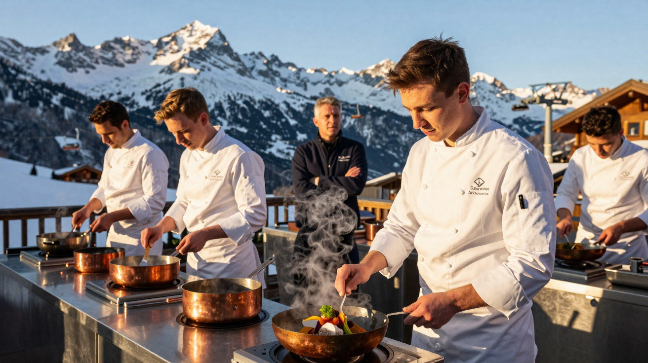 Cinco chefs cozinhando ao ar livre com montanhas nevadas ao fundo durante o dia ensolarado.