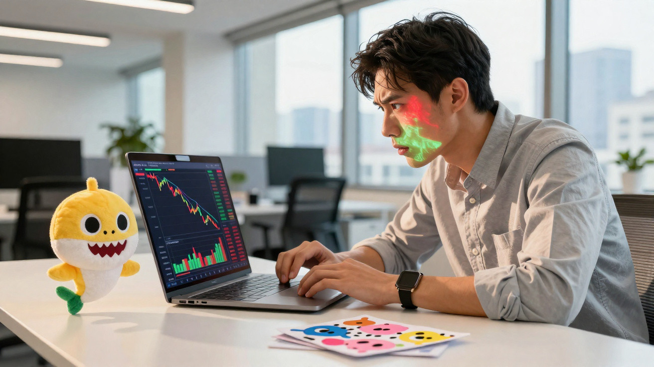 Homem jovem analisando gráficos financeiros em laptop em escritório moderno com pelúcia de tubarão na mesa.