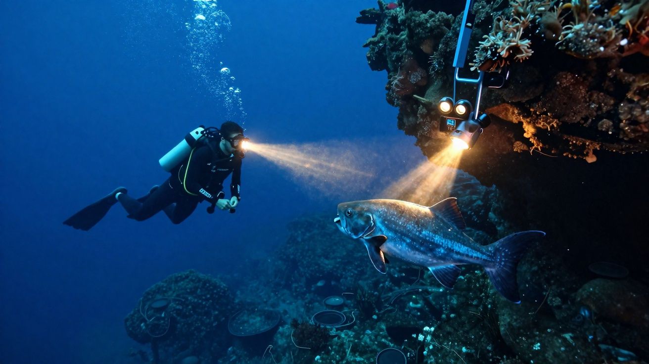 Mergulhador com lanterna subaquática iluminando um peixe grande próximo a um recife de coral.