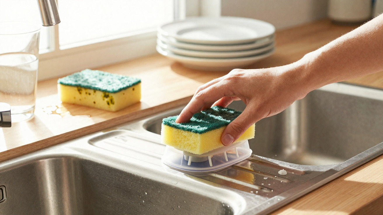 Mão segurando esponja amarela e verde limpando pia de inox em cozinha com bancada de madeira.