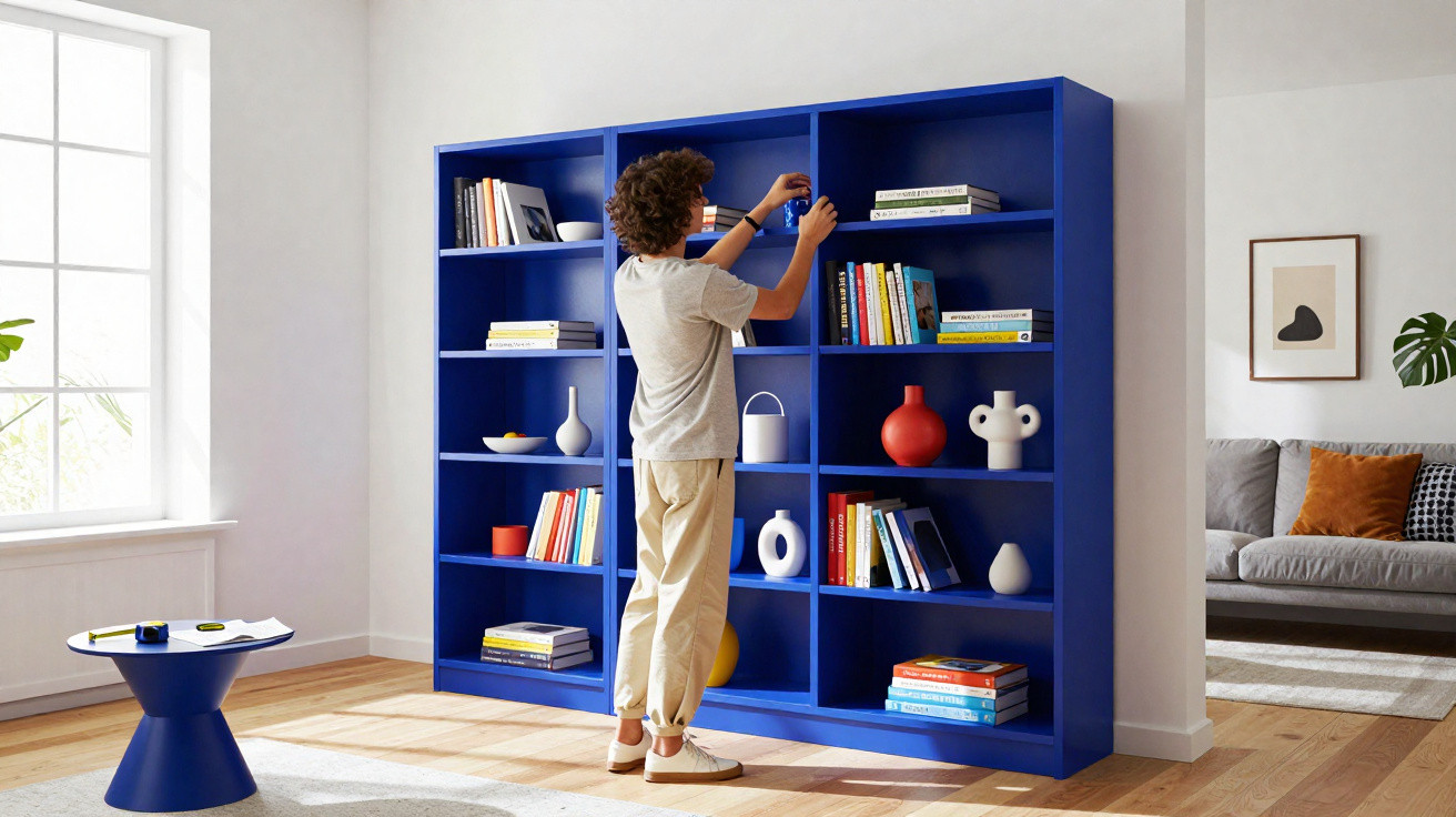 Pessoa organizando livros em estante azul em sala iluminada com sofá cinza ao fundo.