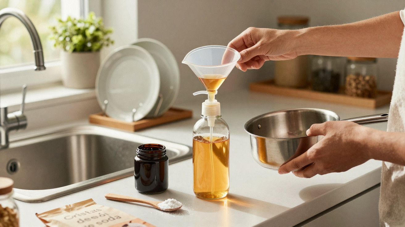 Pessoa usando funil para encher frasco com líquido dourado na cozinha clara com pia e pratos ao fundo.