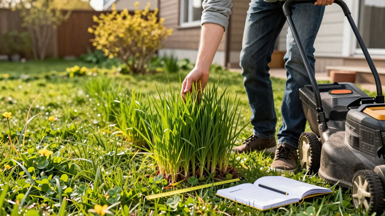 Pessoa medindo planta em jardim com régua, cortador de grama ao lado e caderno aberto no chão.