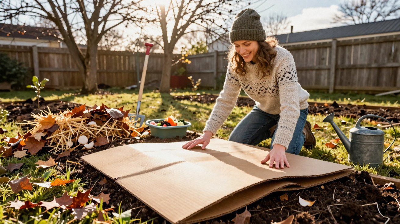 Mulher preparando canteiro com papelão para jardinagem em jardim ensolarado no outono.