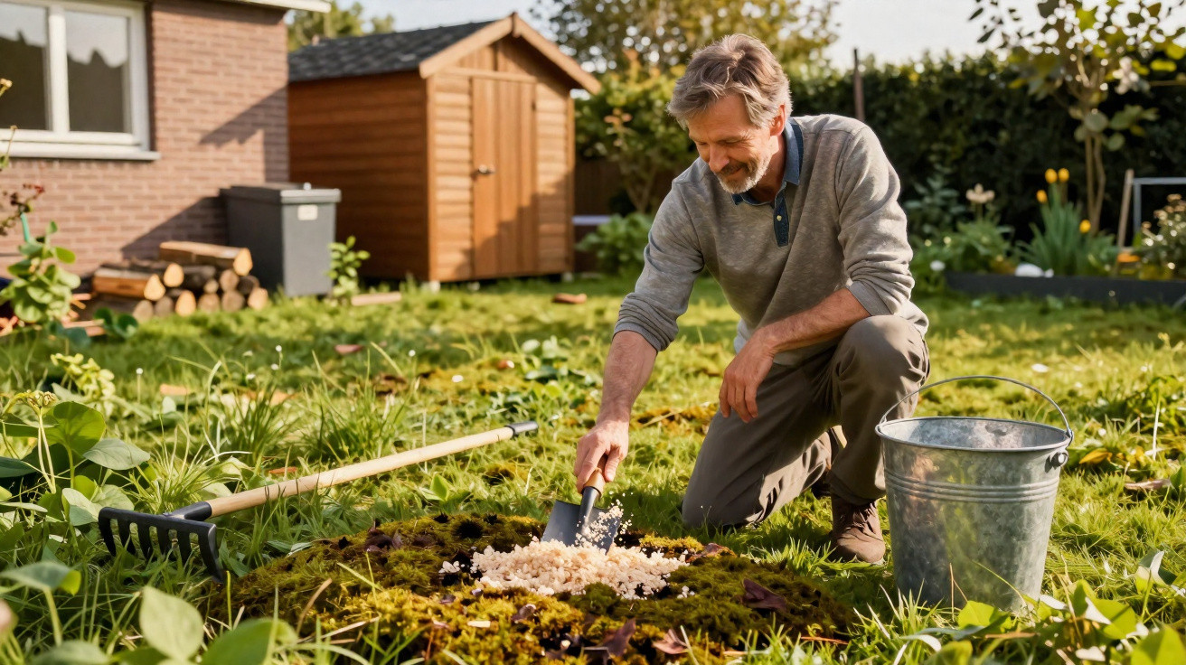 Homem sorridente plantando mudas no jardim de casa em área gramada ao ar livre.