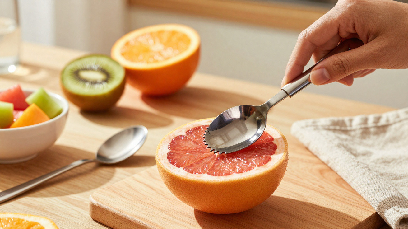 Mão usando colher para retirar a polpa de meio grapefruit sobre tábua de madeira com frutas ao fundo.