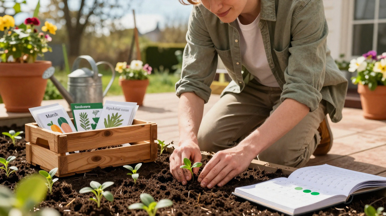 Pessoa plantando muda em jardim com caixa de sementes e caderno aberto ao lado em área externa ensolarada.