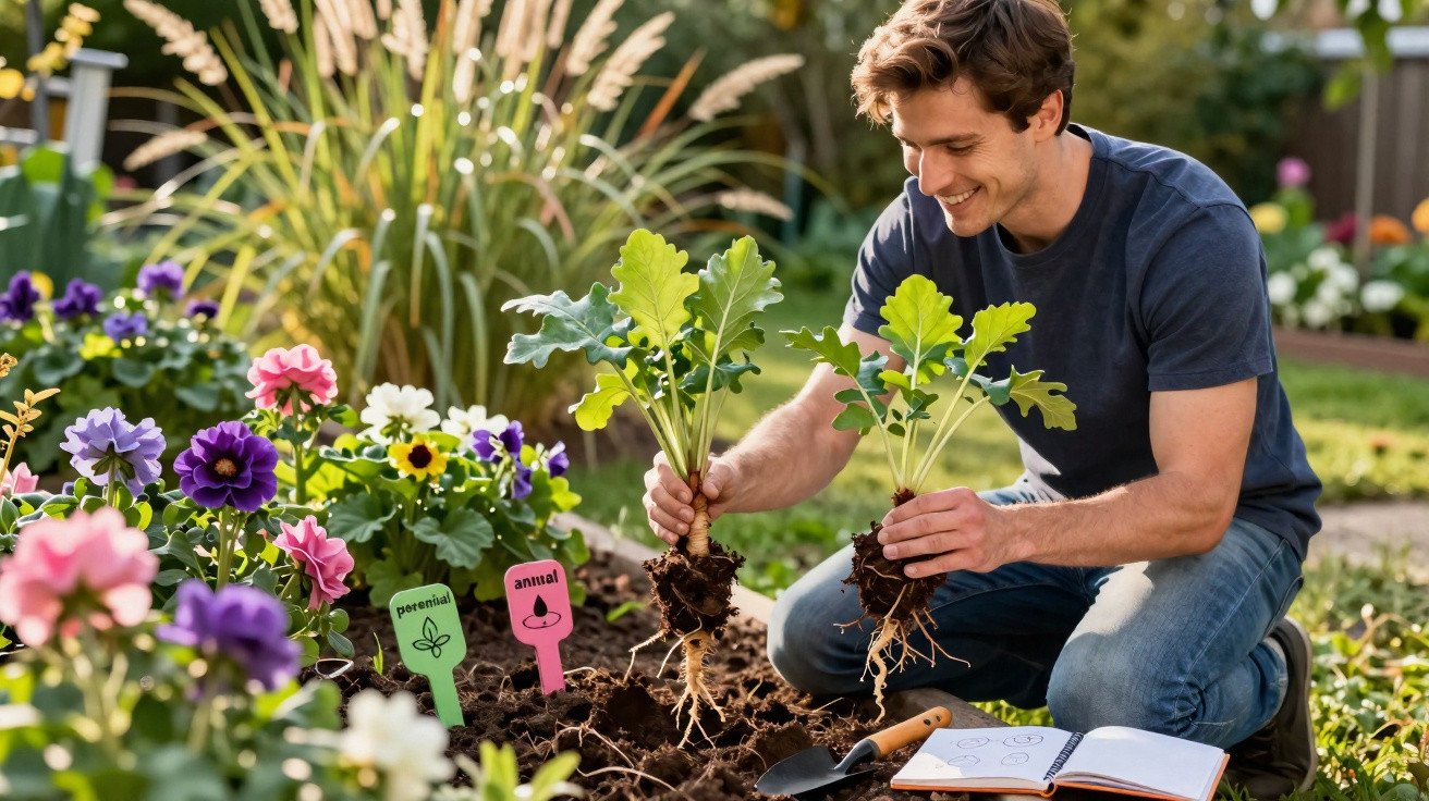 Homem sorridente plantando mudas em jardim florido com livro aberto e pá ao lado.