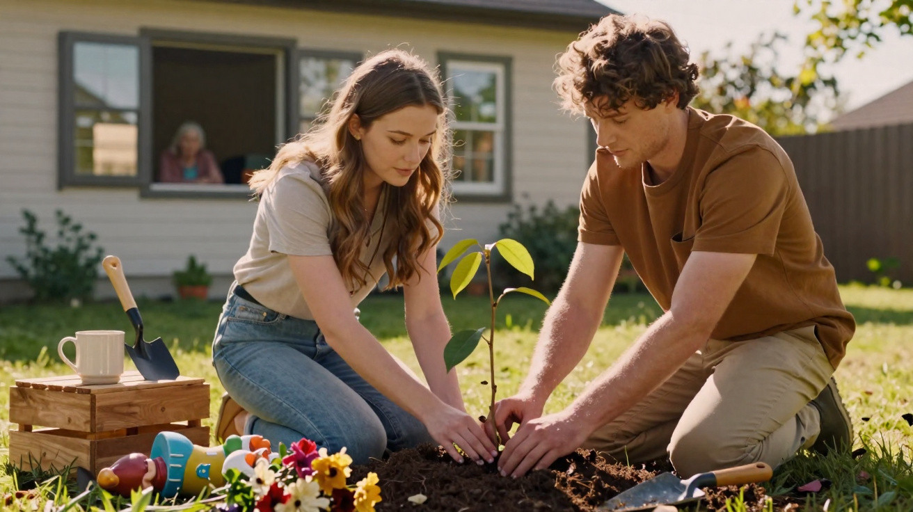 Jovem casal plantando árvore no jardim de casa, com ferramentas e flores próximas, em dia ensolarado.