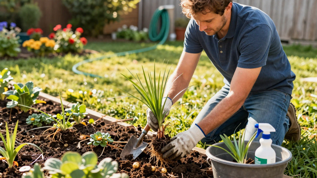 Homem ajoelhado plantando muda em jardim com luvas e ferramentas de jardinagem no quintal.