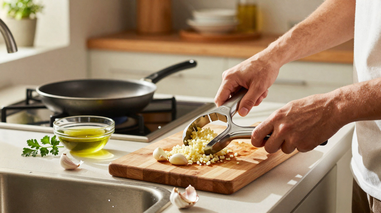 Pessoa usando espremedor de alho sobre tábua com dentes de alho em cozinha clara e moderna.