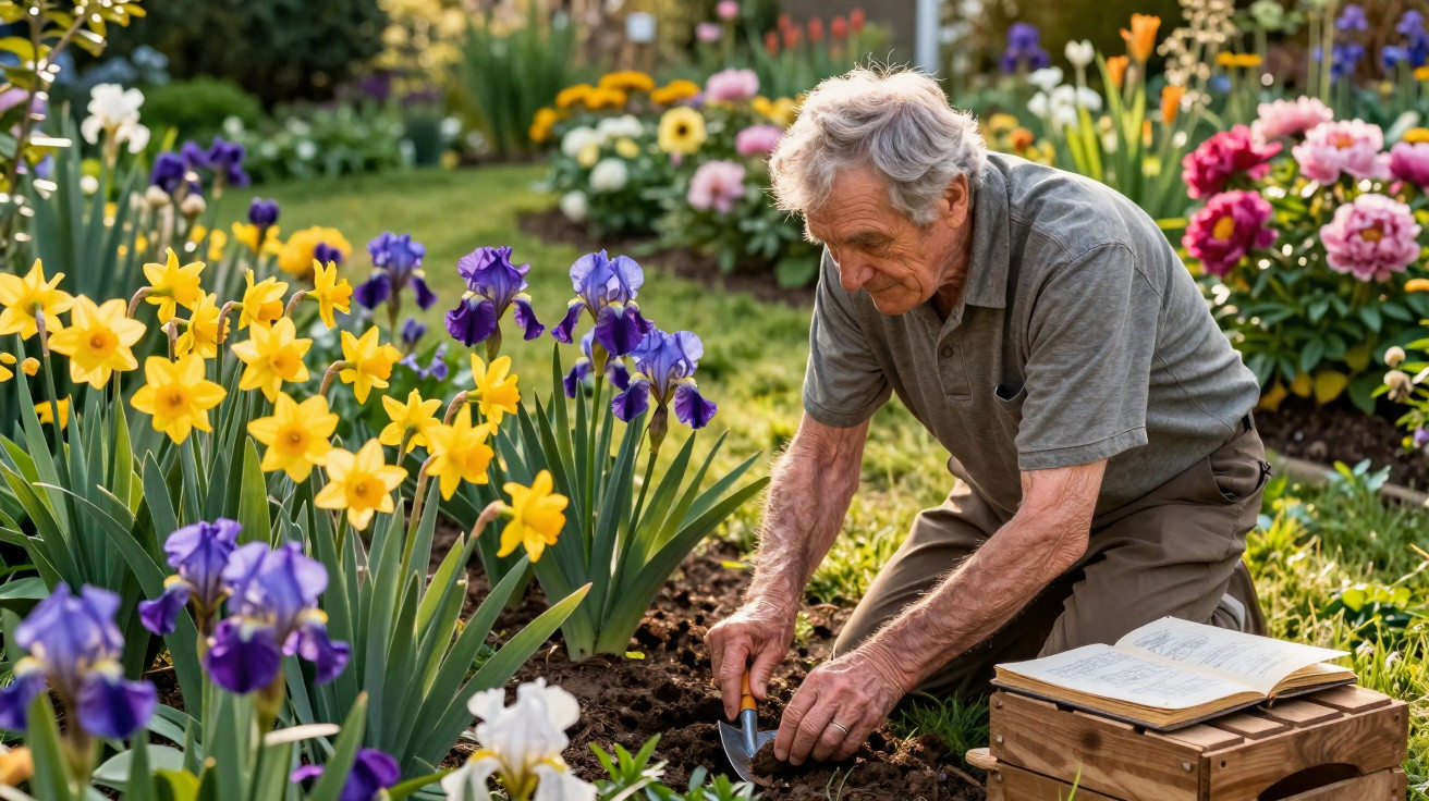 Homem idoso cuidando de flores amarelas e roxas em jardim florido durante o dia.
