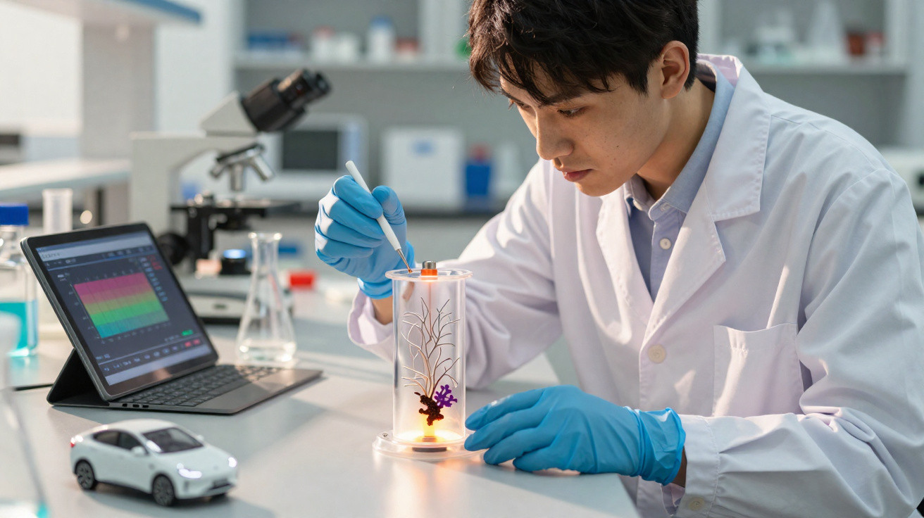 Cientista com jaleco e luvas manipula experimento em tubo transparente com laptop e mini carro ao lado.