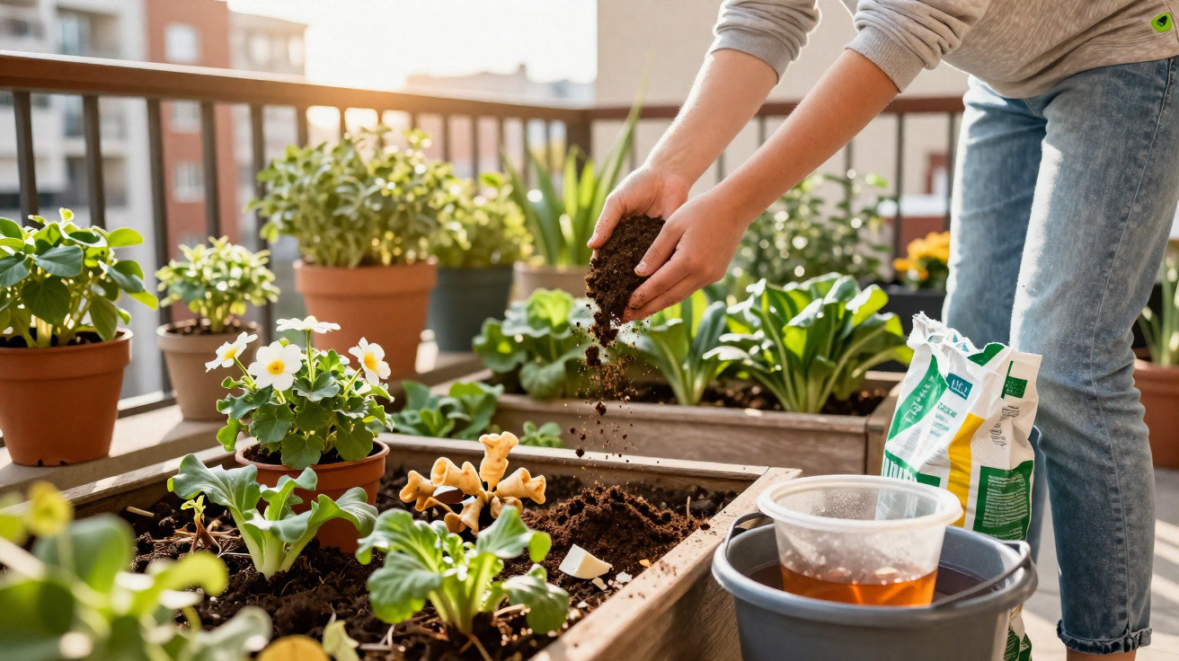 Pessoa adicionando terra em um canteiro com plantas e flores em varanda ensolarada.