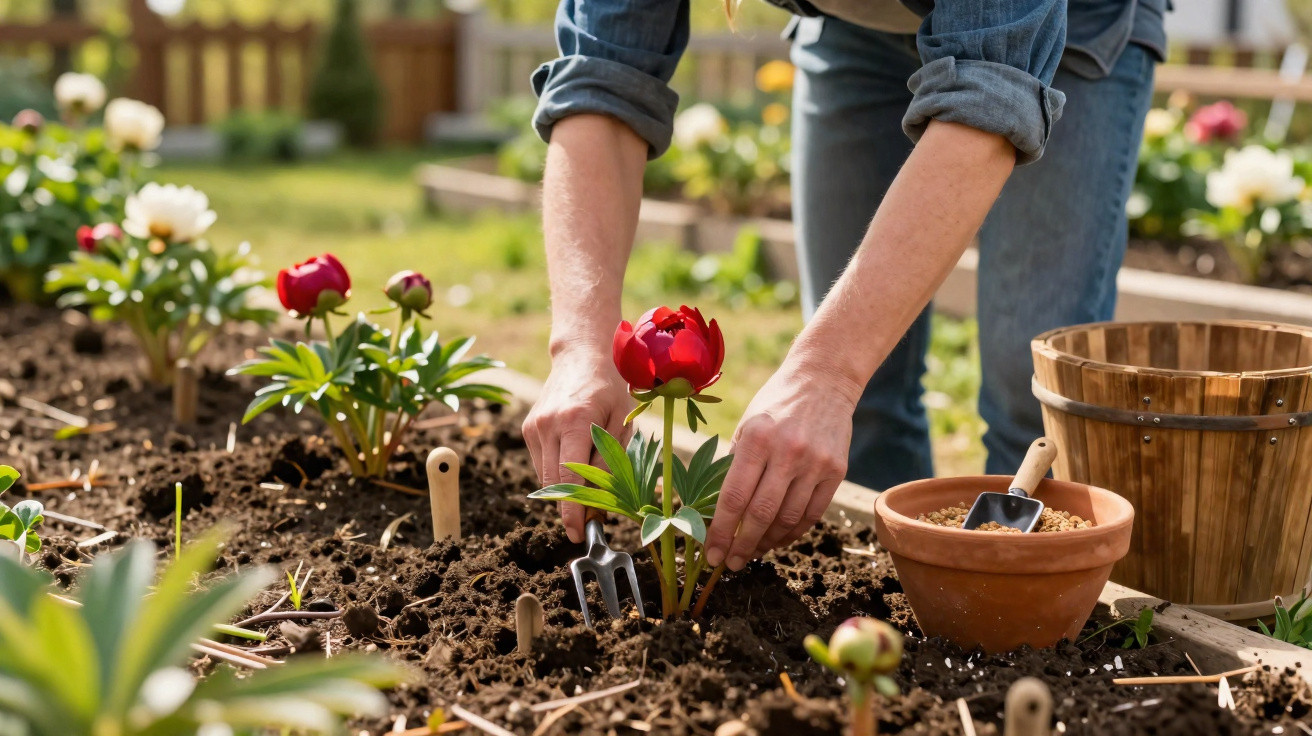Pessoa plantando flor vermelha em jardim com ferramentas e regador de madeira ao lado.