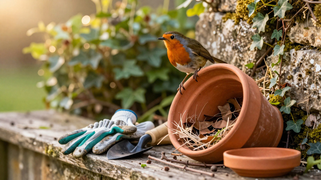 Pássaro com peito laranja pousado em vaso de barro com ferramentas de jardinagem sobre banco de madeira.