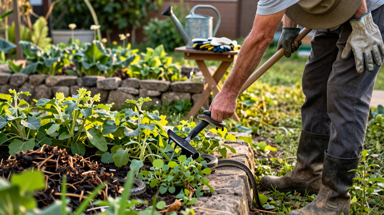 Pessoa em área de jardinagem usando enxadão para cuidar das plantas em canteiro de pedra.