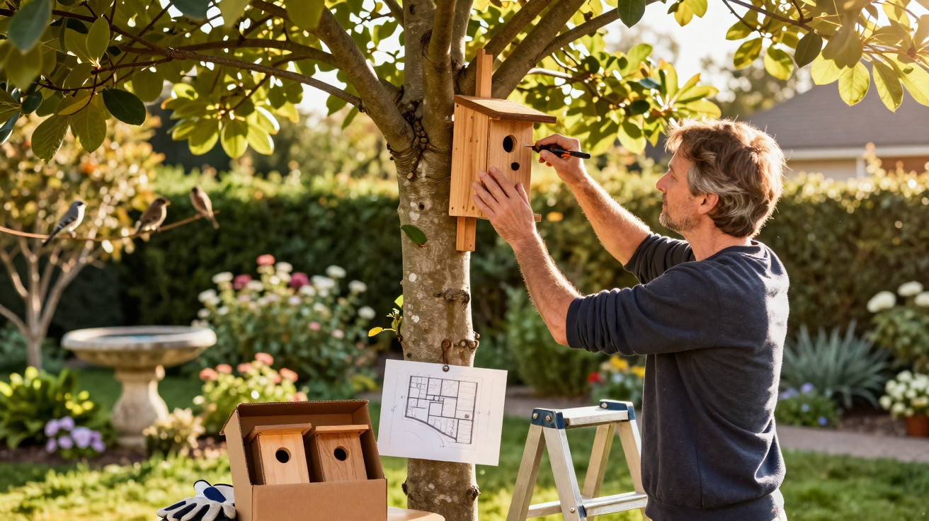 Homem instalando casa de pássaros em árvore no jardim ensolarado durante o dia.