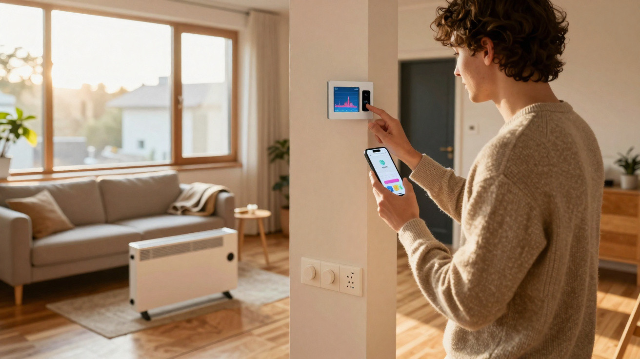 Pessoa usando smartphone para controlar termostato inteligente em sala de estar moderna com sofá e aquecedor.