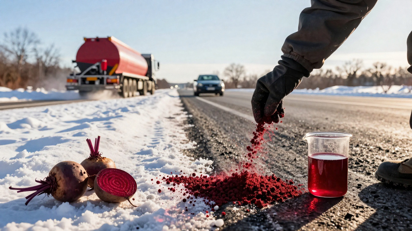 Pessoa espalhando sal à base de beterraba na estrada coberta de neve para evitar gelo.