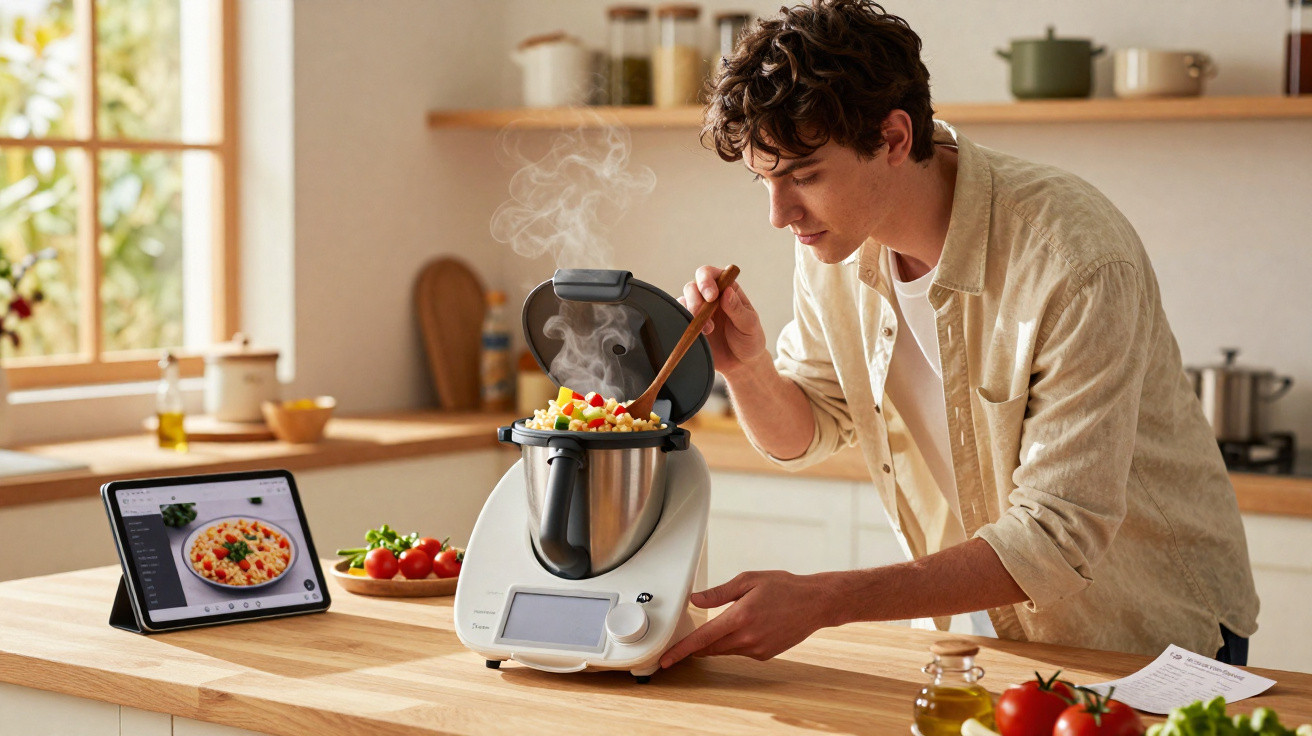 Homem preparando comida em cozinhar elétrico, seguindo receita exibida em tablet na cozinha clara e moderna.