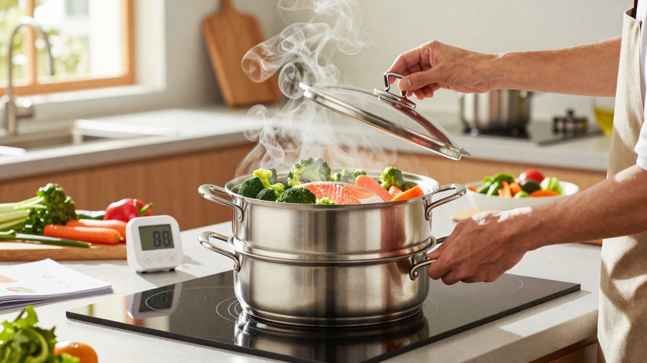 Pessoa abrindo tampa de panela a vapor com legumes e pedaços de peixe na cozinha.