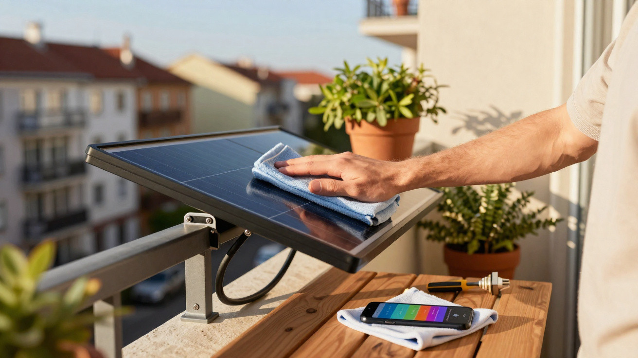 Pessoa limpando painel solar em varada com plantas e celular sobre mesa de madeira.
