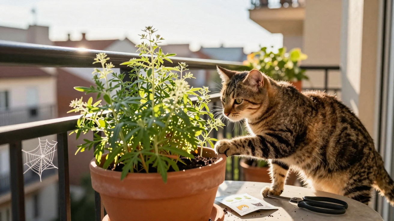 Gato tigrado tocando planta em vaso de cerâmica sobre mesa em varanda iluminada pelo sol.