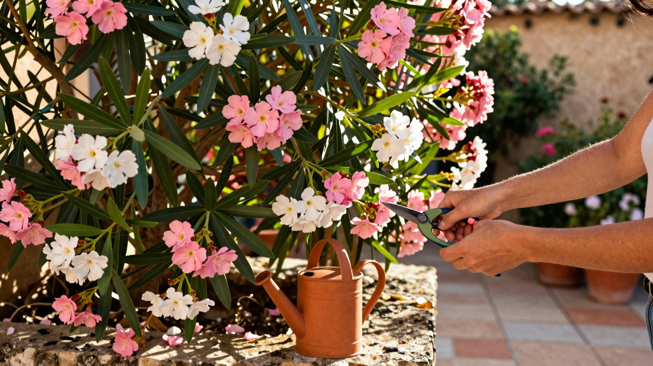 Pessoa cortando flores rosadas e brancas em vaso com tesoura, regador de plástico marrom ao lado.