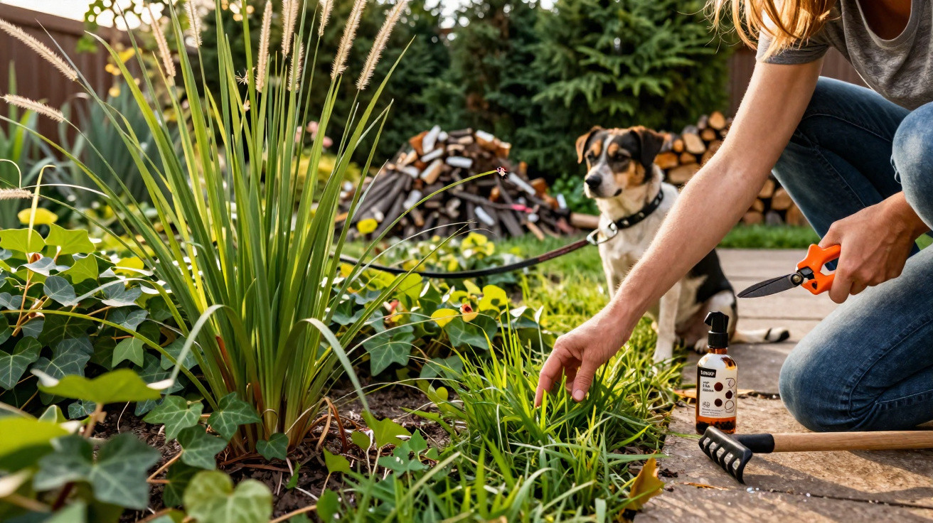 Pessoa cuidando do jardim com tesoura de poda, enquanto cachorro está sentado ao fundo atento.