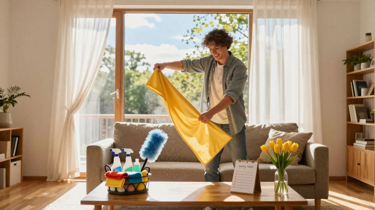 Jovem feliz limpando poeira de pano amarelo na sala iluminada com produtos de limpeza na mesa.