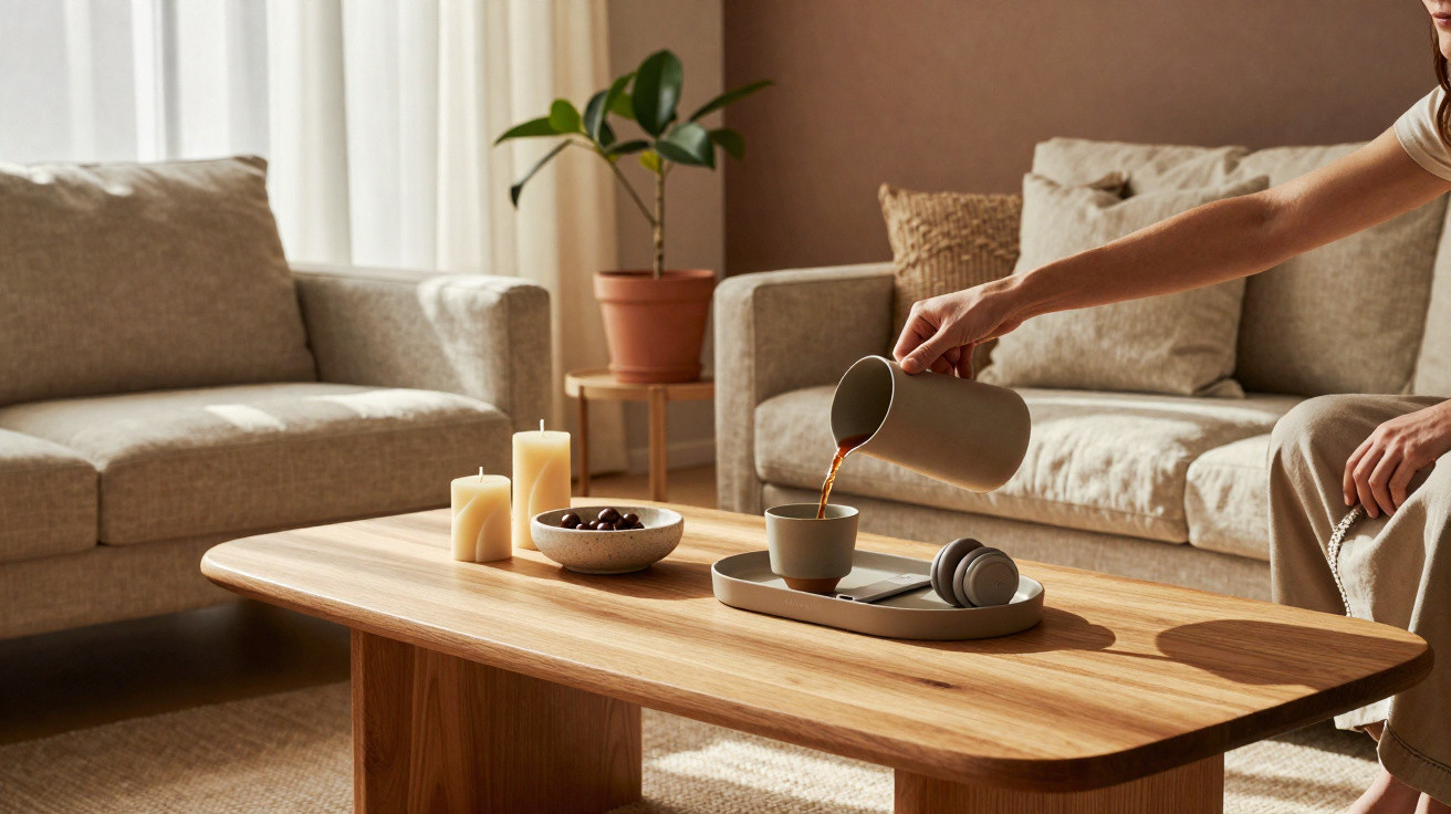 Pessoa servindo bebida em xícara sobre mesa de madeira em sala com sofá, velas e planta.