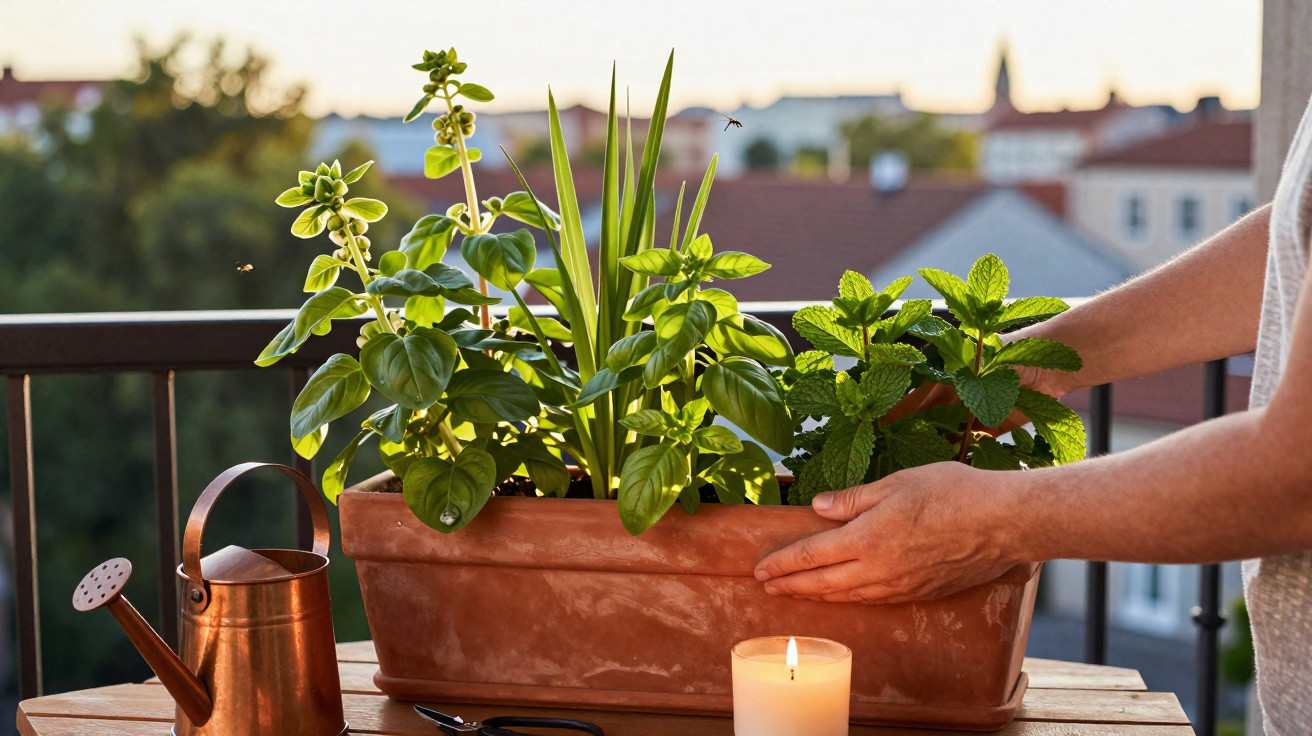Pessoa cuidando de plantas em vaso de terraço ao pôr do sol com regador e vela acesa na mesa.
